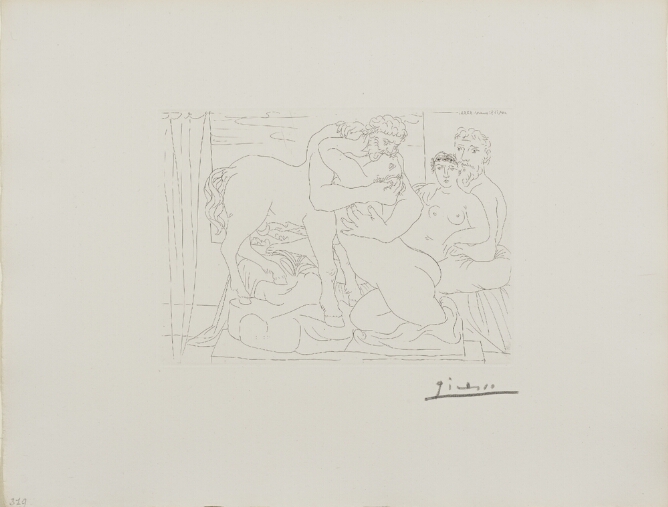 A black and white print of a man and nude woman reclining together, viewing a sculpture of a centaur, a half-man, half-horse mythological creature, kissing a nude woman