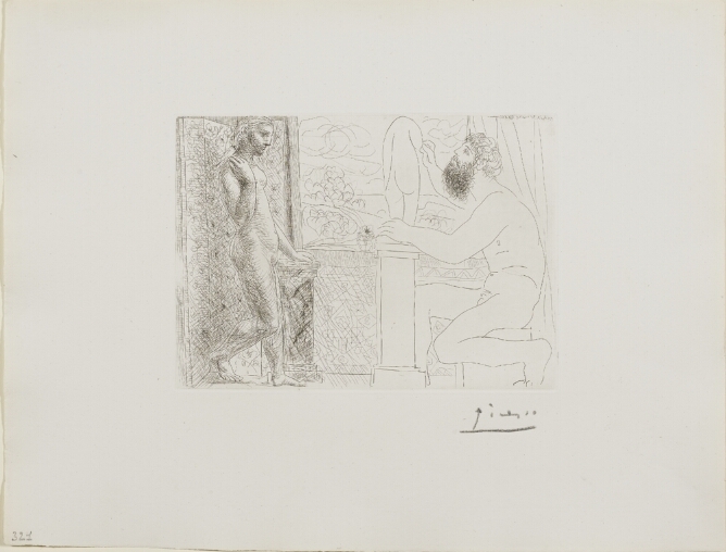 A black and white print of a nude man sitting by a window, sculpting a standing nude woman