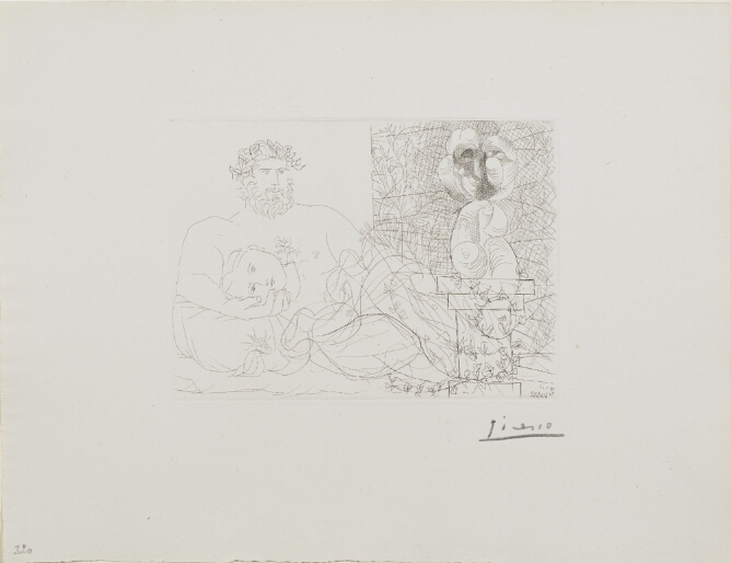 A black and white print of a man reclining with a woman's head in his lap, viewing an abstract sculpture