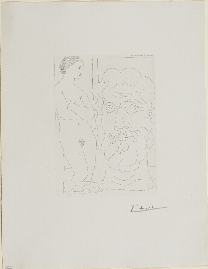 A black and white print of a standing nude woman looking at a large sculpture of a man's head