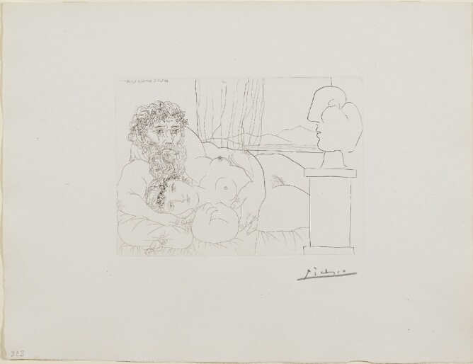 A black and white print of a man reclining with a nude woman lying next to him, viewing a sculpture of an abstract head