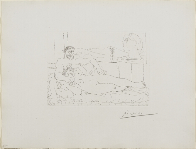 A black and white print of a man sitting by a window with a reclining woman, viewing a sculpture of an abstract head