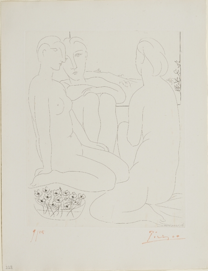 A black and white print of a three nude figures, one with an abstract head, sitting next to a basket of flowers by a window