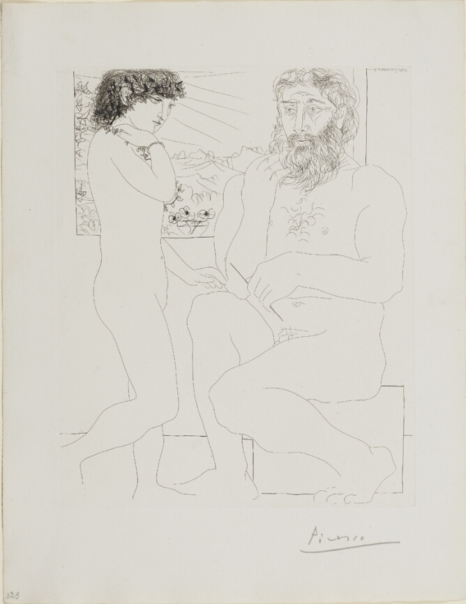 A black and white print of a nude man sitting by a window holding a sculpting tool, while a nude figure stands before him