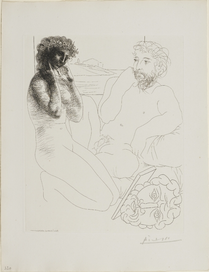 A black and white print of a sitting nude man looking at a kneeling nude woman, rendered in dark shading on her upper body. On the ground beside them, an upturned sculpture of a head