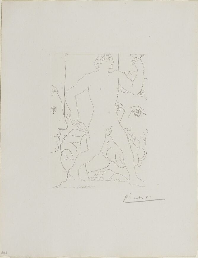 A black and white print of a sculpture of a nude young man standing holding a cup, with a partial view of the head of man and woman viewing the sculpture at its level