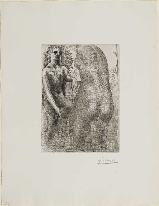 A black and white print with heavy shading of a sitting nude woman facing a sculpture of a nude woman's torso, seen from the back