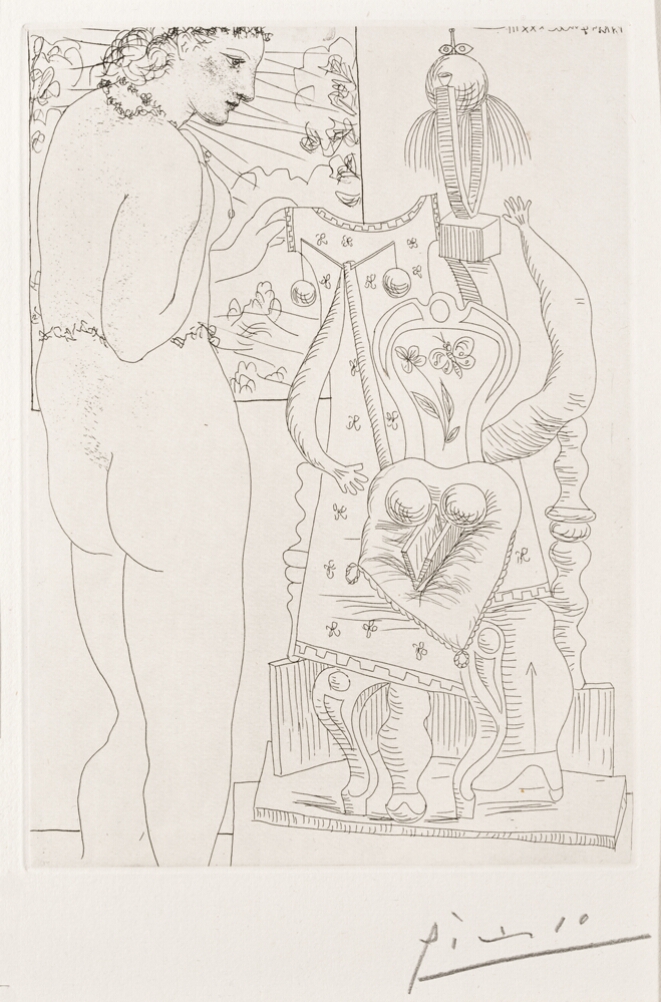A black and white print of a standing nude woman looking at an abstract sculpture of a figure composed of different objects