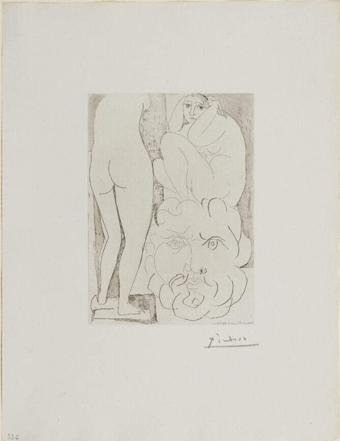 A black and white print of a nude woman crouched above a sculpture of a man's head, beside a standing nude figure seen from the back