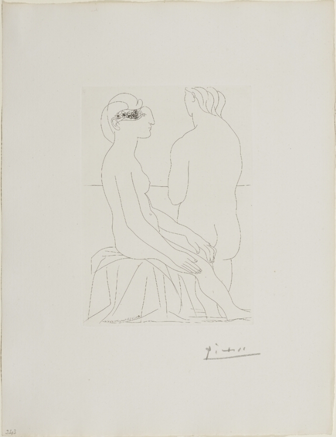 A black and white print of a nude woman sitting in profile with flowers on the side of her head next to a standing nude woman seen from the back