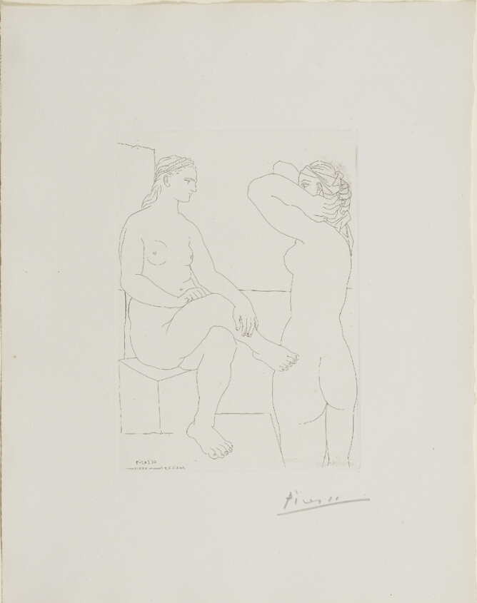 A black and white print of a sitting nude woman and a standing nude woman facing each other