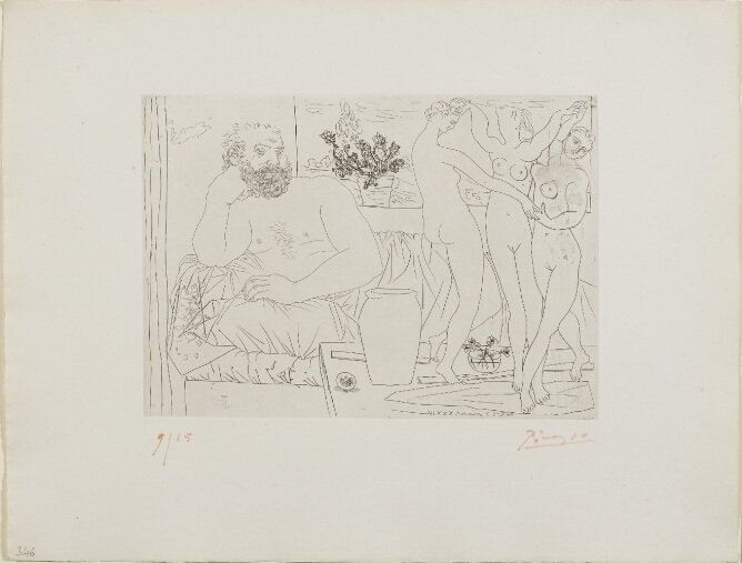 A black and white print of a man reclining next to a sculpture of three nude women holding hands and dancing