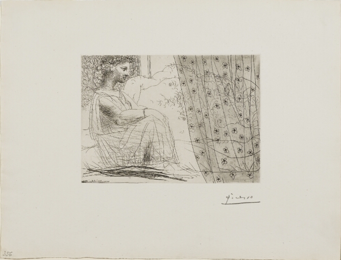A black and white print of a woman sitting next to a sleeping minotaur, a mythological creature with the head of a bull and body of a man, whose head is covered by a sheer floral curtain