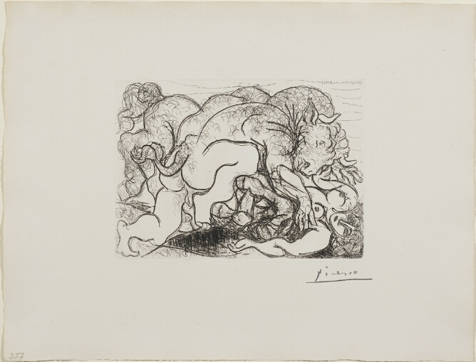 A black and white print of a minotaur, a mythological creature with the head of a bull and body of man, pinning down a nude woman lying beneath him