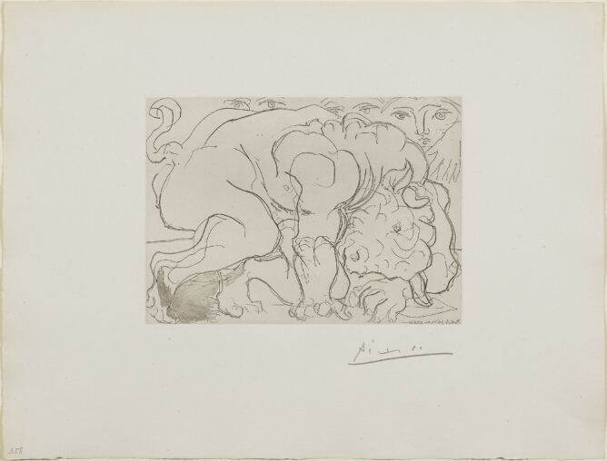 A black and white print of a minotaur, a mythological creature with the head of a bull and body of a man, fallen to the ground, with eyes watching