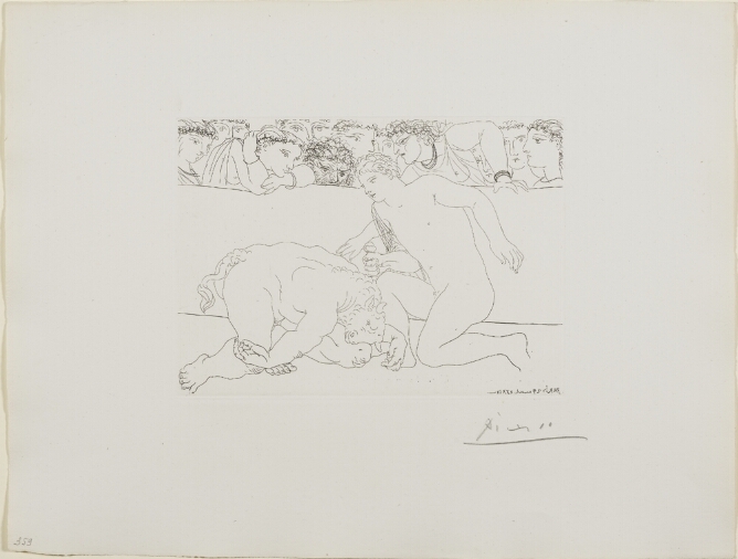 A black and white print of a nude young man kneeling before a fallen minotaur, a mythological creature with the head of a bull and body of a man, with an audience watching from above