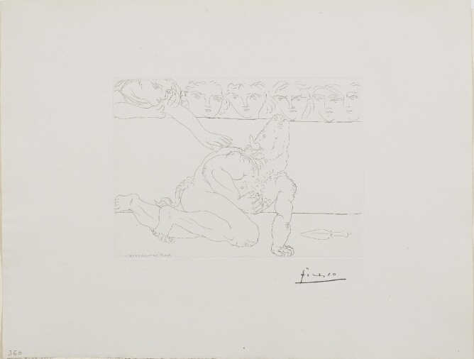 A black and white print of a fallen minotaur, a mythological creature with the head of a bull and body of man, clutching his chest, as a young woman from an audience reaches out to him