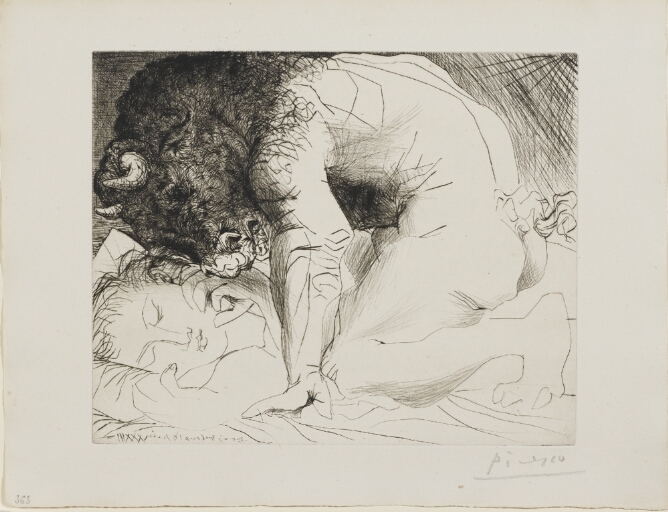 A black and white print of a minotaur, a mythological creature with the head of a bull and body of a man, whose head is rendered in detail, crouching over a sleeping woman whose hands are in a claw-like gesture by her face