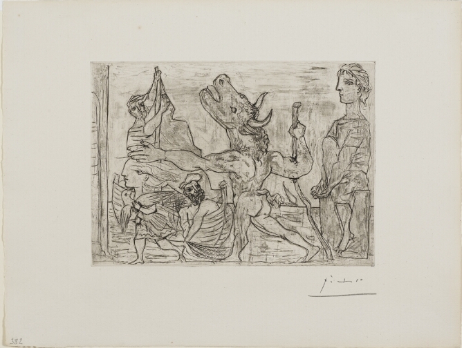A black and white print of a standing minotaur, a mythological creature with the head of a bull and body of a man, holding a walking stick and being guided by a little girl holding a pigeon, as figures in a boat witness