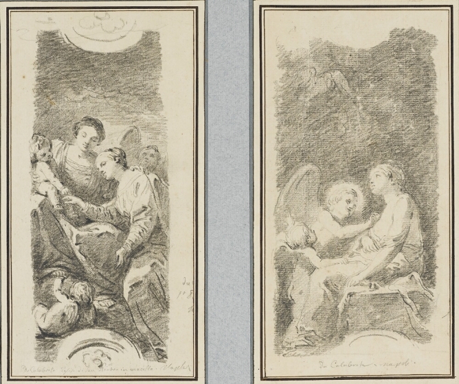 (Drawing on left): A black and white drawing of a seated young woman resting her head on another woman's shoulder and reaching for the hand of a baby the woman is holding; (Drawing on right) A black and white drawing of a standing angel accompanied by a cherub reaching towards a seated young woman as she looks up