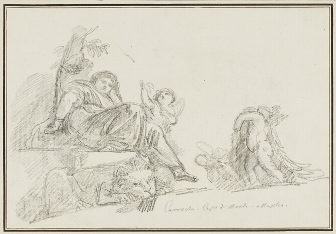 A black and white drawing of a seated woman leaning and resting her head on her left hand. A lion lies down at her feet, while a small figure is seen carrying a heavy object to the viewer's right