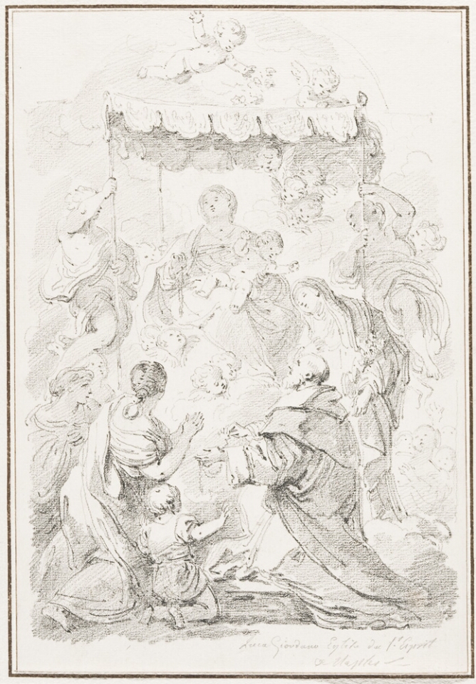 A black and white drawing of a seated woman under a canopy, holding a baby in one hand and a rosary in the other, surrounded by cherubs and figures. A kneeling robed figure holds a rosary before her