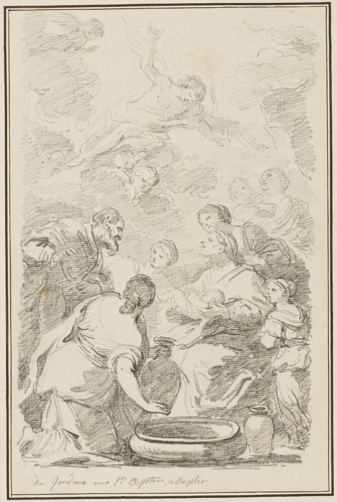 A black and white drawing of a group of figures surrounding a seated woman holding a baby, as another woman kneels with her back towards the viewer, holding a vessel above a basin