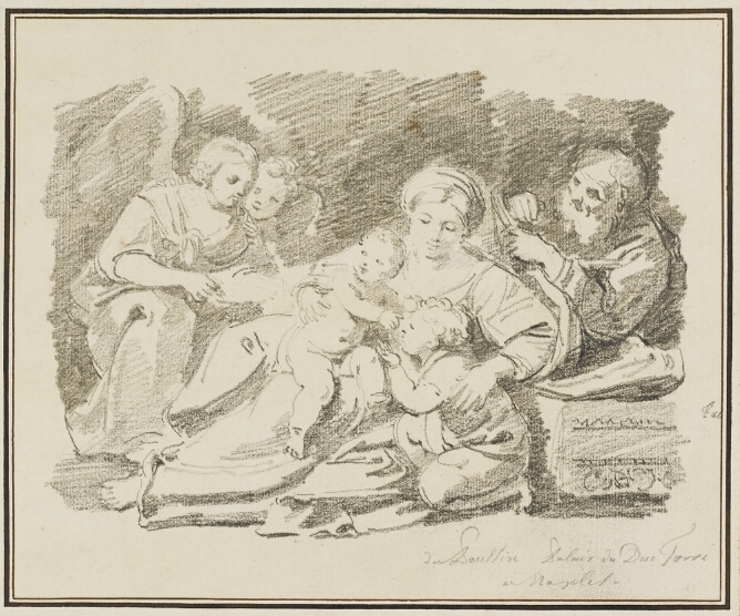 A black and white drawing of a seated woman embracing a baby and young boy, with two angels and a bearded man watching from behind