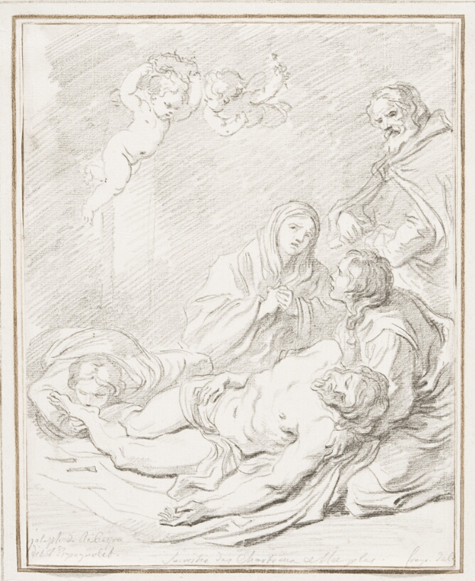 A black and white drawing of the lifeless, partially nude body of a bearded man supported by another man. A woman looks with anguish, clasping her hands, while another woman kisses the bearded man's feet