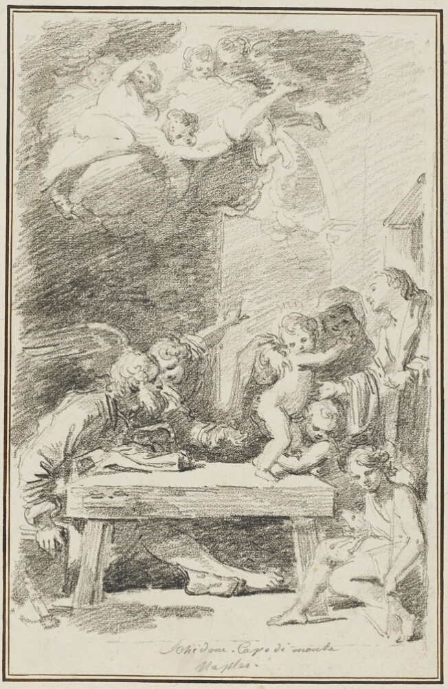 A black and white drawing of a woman supporting a standing baby on a table, with a bearded man sitting across from them to the viewer's left. An angel leans into the man and points upward where angels witness. A young boy sits to the viewer's right