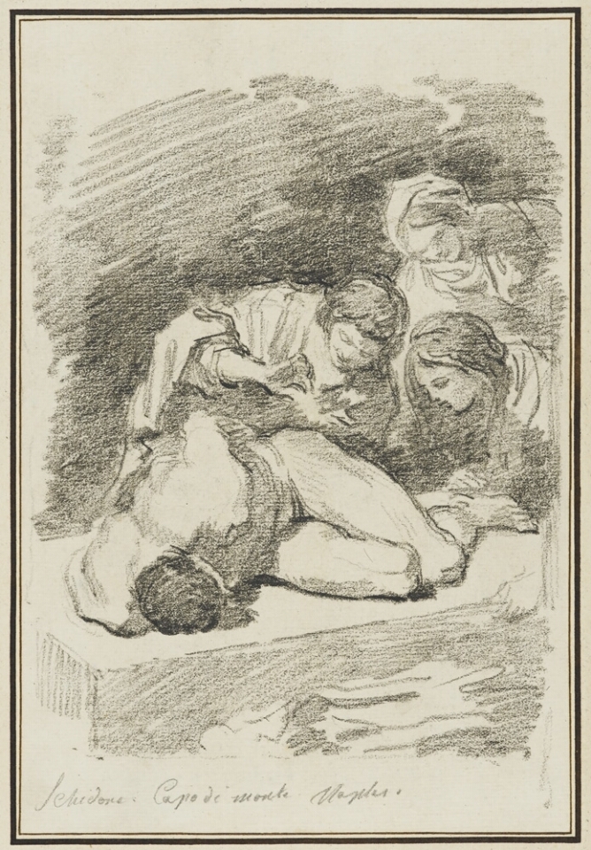 A black and white drawing of three women caring for the lifeless, nude and contorted body of a man, whose face is hidden from the viewer