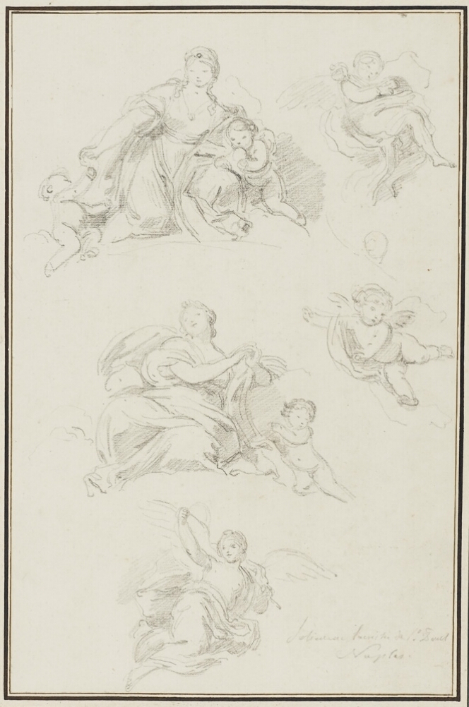 A sheet of black and white drawings. At the top, a young woman embraces a baby at her knee while reaching for another baby. Below, a young woman looks upward with clasped hands as a baby leans in. Three angels in various positions