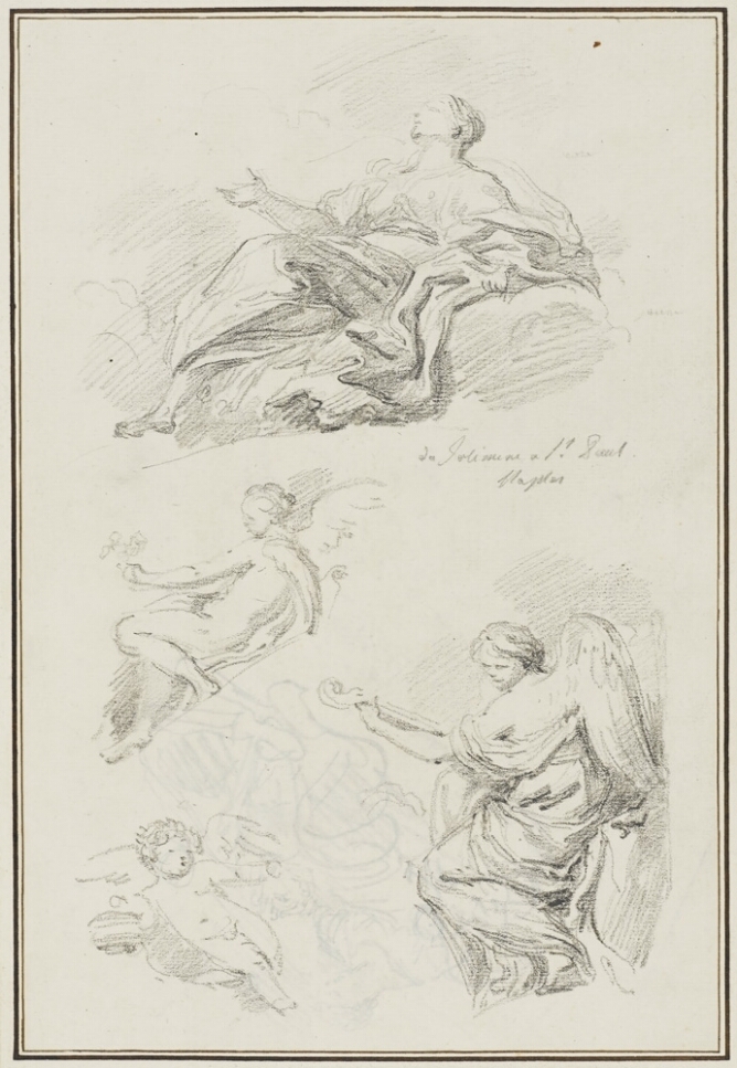 A sheet of black and white drawings of a seated figure leaning back in draped clothing with arms open, looking up. Below, three angels holding objects, including one with a stringed instrument to the viewer's right