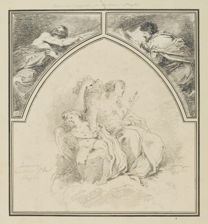 A black and white drawing divided into three sections. In the center, a seated woman holds a conical object in her right hand with the assistance of a cherub, and a decorative stick-like object in her left. Above, in two triangular sections, a reclining man looks up and another man reads a book
