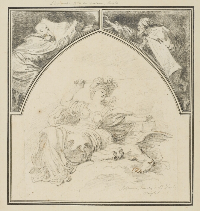 A black and white drawing divided into three sections. In the center, a young woman sits with a raised sword and reaches towards a winged figure lying face-down. Above, in two triangular sections, a man reads and a bearded man holds scrolled paper