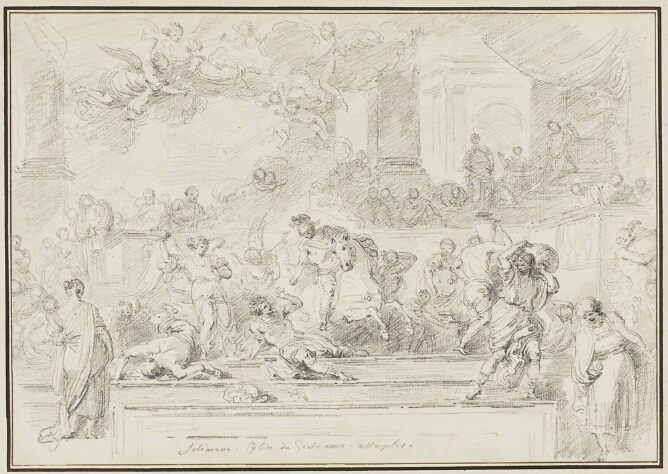 A black and white drawing of a man on horseback charging through a crowd of people towards a man who cowers on the foreground steps