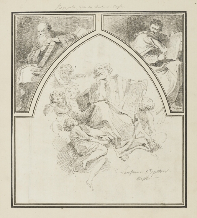 A black and white drawing divided into three sections. In the center, a seated bearded man rests his head on his right fist with his left arm around a portrait. To his right, three cherubs present a book, and to his left, another cherub holds a palette and brushes. Above, in two triangular sections, two bearded men sit