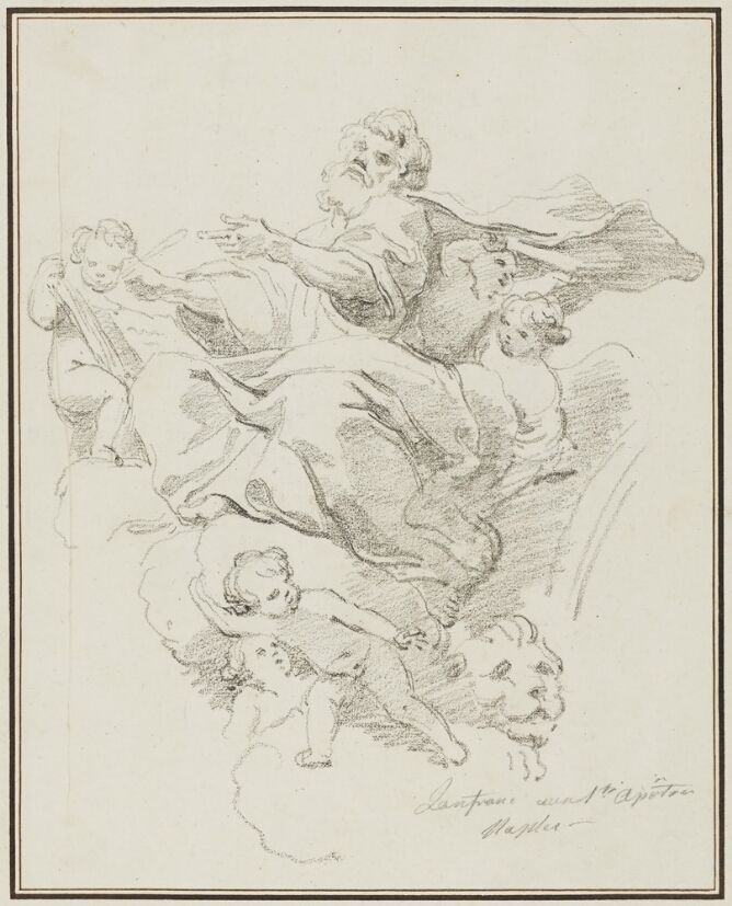 A black and white drawing of a bearded man seated on clouds writing with his right hand and gesturing with his left. He is surrounded by angels with a lion's head at his feet