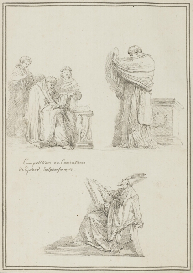 A sheet of three black and white drawings. To the left, a bearded man sitting in draped clothing holds a round object with his left hand, accompanied by two standing figures. To the right, a figure standing in profile pulls their garment to wrap around their upper body. Below, a seated man in a headdress looks upwards while holding a square object in front of him