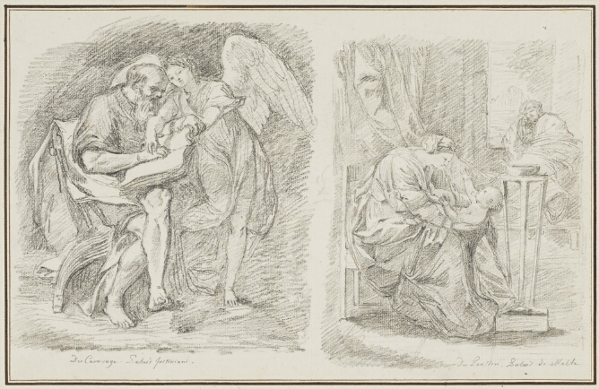 A sheet of two black and white drawings. To the left, a bearded man sits cross-legged writing in a book with an angel standing to his left guiding his right hand. To the right, a seated woman holds a baby while a seated man looks on in the background
