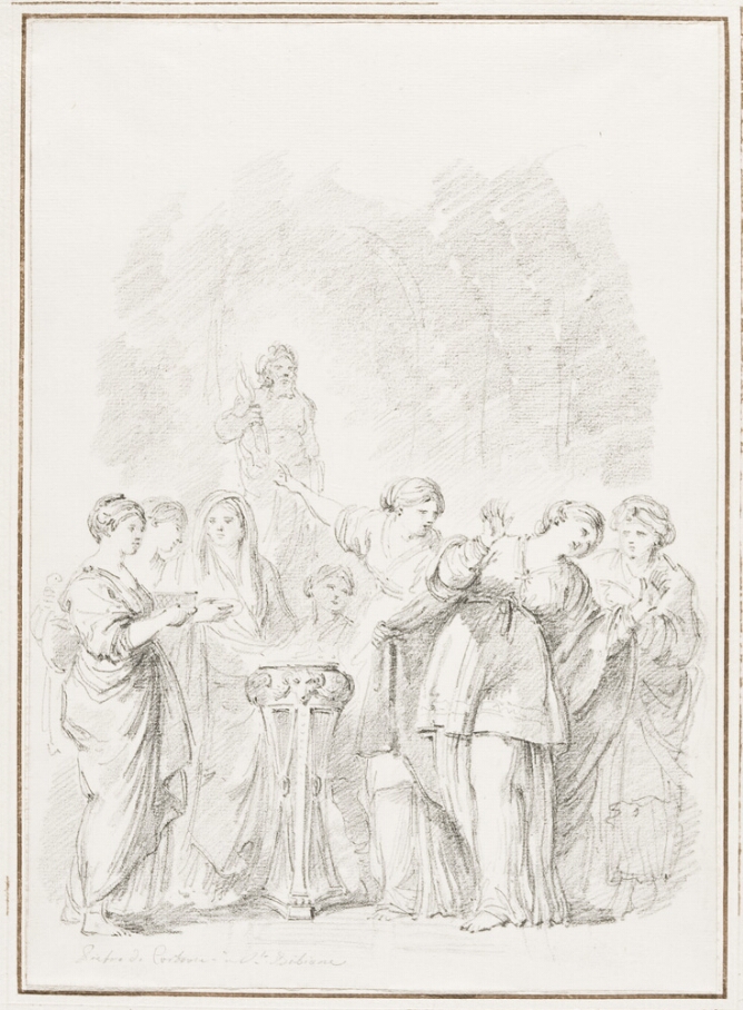 A black and white drawing of a standing woman next to a fire pot, with her hands raised as she turns away from another woman pointing to a statue. A group of women witness
