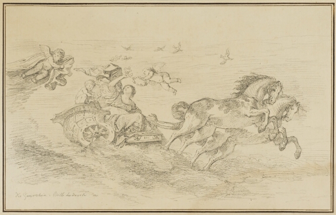A black and white drawing of a woman sitting in a chariot, looking up with her right arm raised and being led by two horses as they fly across the sky amidst cherubs and birds