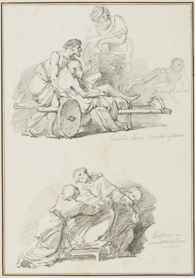 A sheet of two black and white drawings. A standing man aids an elderly man reclining on a wheeled structure. Below, a slumped figure is supported by figures on each side