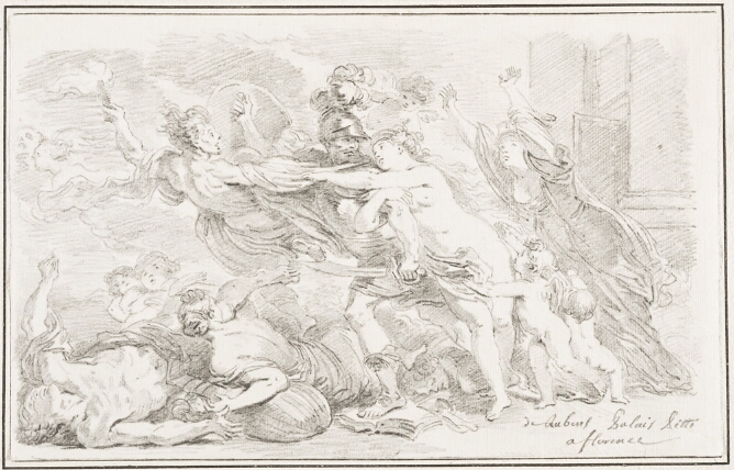 A black and white drawing of a man in armor restraining a nude woman reaching for a falling partially nude man. To her left, a woman raises her arms in despair, while figures cower below