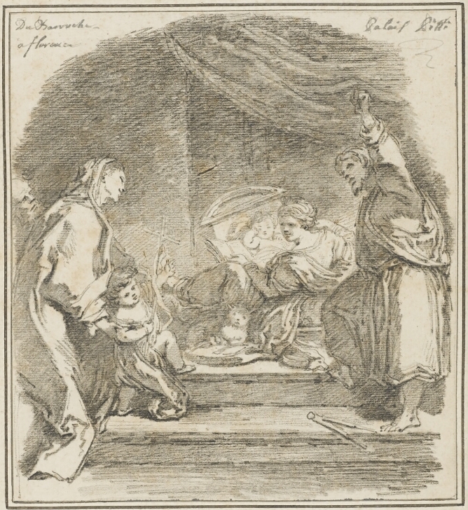 A black and white drawing of a woman with a baby, holding a book, with a cat nestled in her clothing. She turns towards a woman and young boy, while a man to the viewer's right draws back curtains to reveal the scene