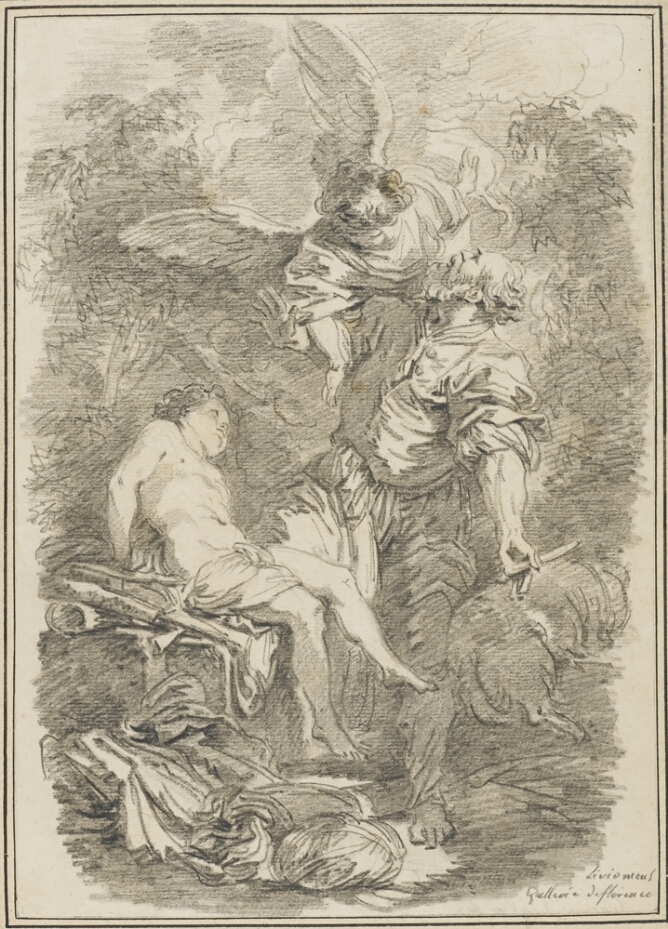 A black and white drawing of a standing bearded man holding a knife in his left hand and looking up at an angel whose arm crosses the man's right arm. To the viewer's right, a seated young boy with bound hands looks up at them