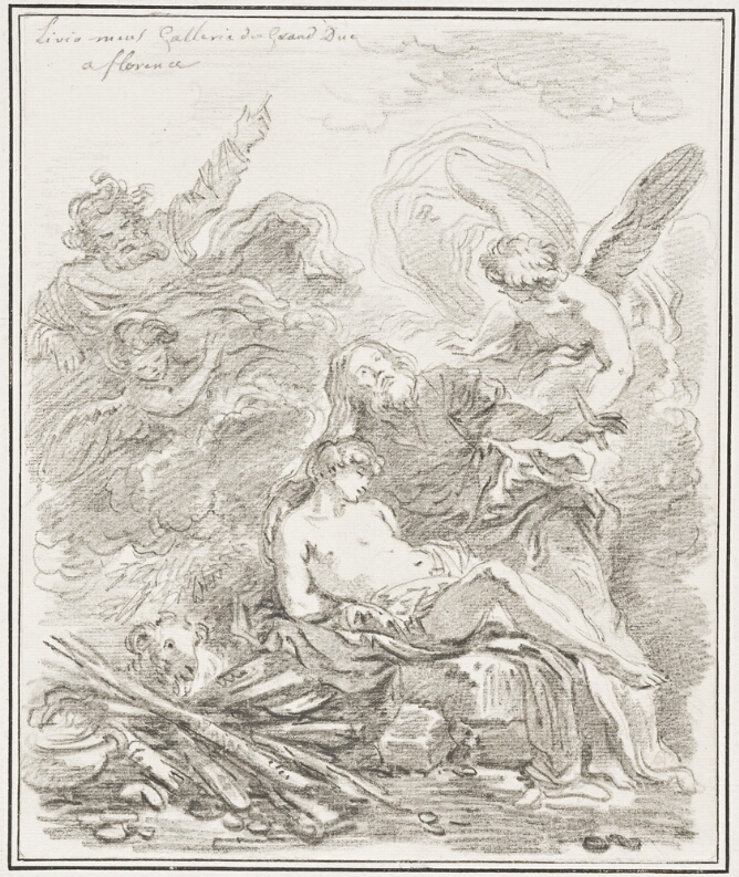 A black and white drawing of a bearded man leaning back with his right arm around a reclining partially nude young man. The bearded man looks up at an angel who grabs the man's left arm which holds a knife. Two figures witness in the background