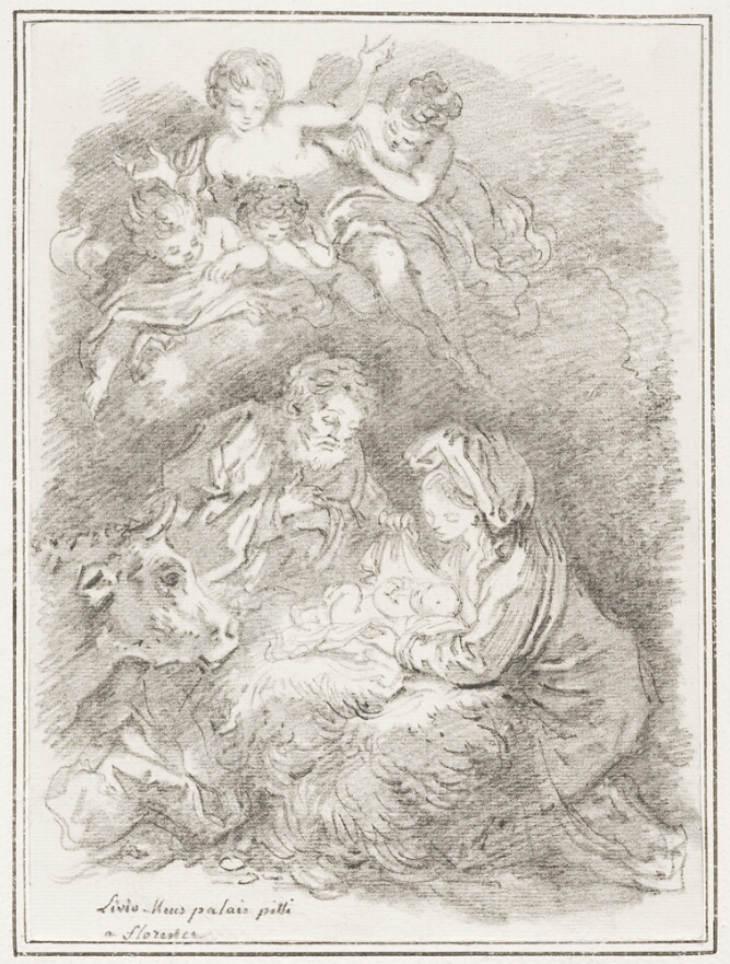 A black and white drawing of a kneeling woman tending to a baby, with a man watching and holding his hands to his chest, while figures watch from above