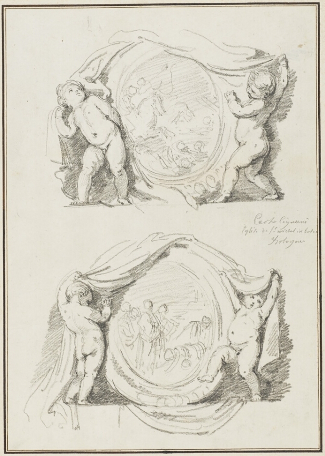 A sheet of two black and white drawings. At the top, two nude young children stand on each side of a medallion slightly larger than them, lifting a drapery to reveal it. Below, two nude young children stand on each side of the medallion, one with their back turned to the viewer, and the other balancing on one foot, both lifting a drapery