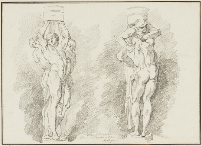 A black and white drawing of three standing nude, muscular men clustered together, holding up an object. To the right, a standing nude, muscular man with his back facing the viewer, holds a figure climbing on him and using their back to support an object